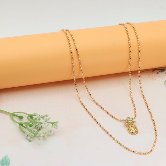 Rose Gold Pineapple Pendant Necklace with Double Bead Chain Design, XPNL0261 - Picture 1 of 12
